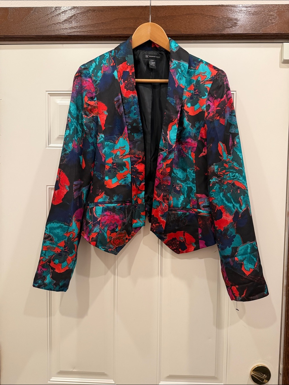 INC Black Cropped Blazer with Teal & Red Floral Print